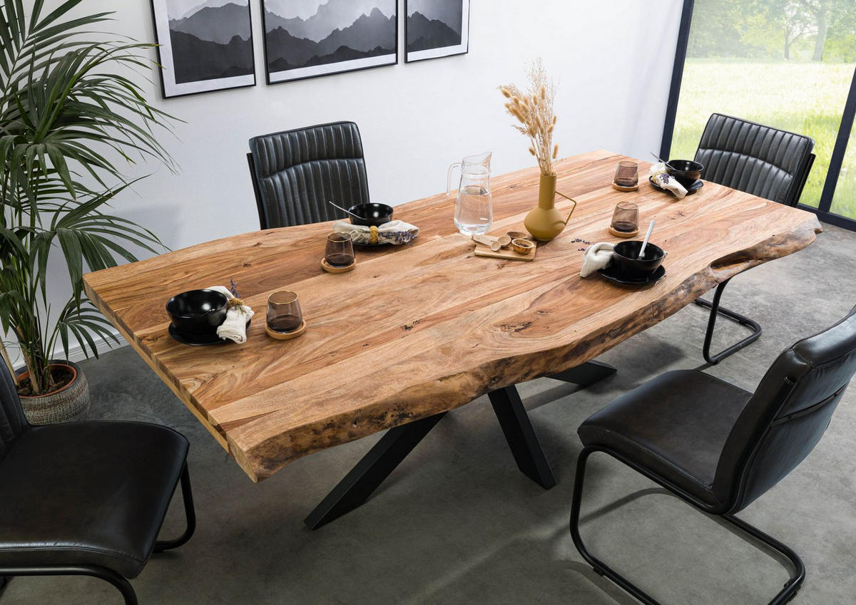 BAUMTISCH Sheesham 260x100x77 natur sandgestrahlt / Kreuzgestell anthrazit matt FREEFORM 5 - Braun, Holz (100/260/77cm) - Massivmoebel24