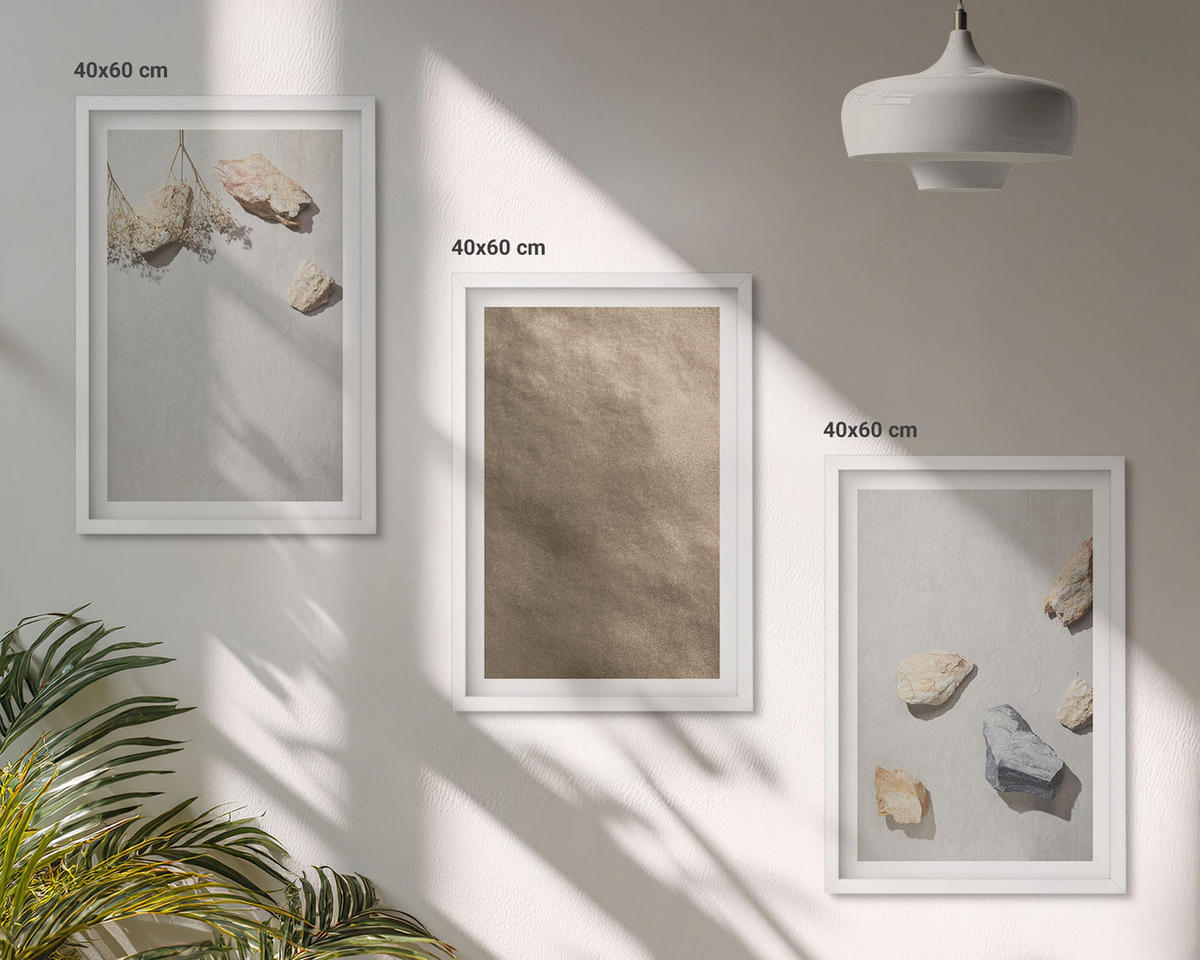 WANDBILDER 3er-Set - 40x60 cm Weißer Rahmen - Steine Strand natürliche Strukturen - Weiß, Kunststoff (40/60cm) - ArtPrintCave