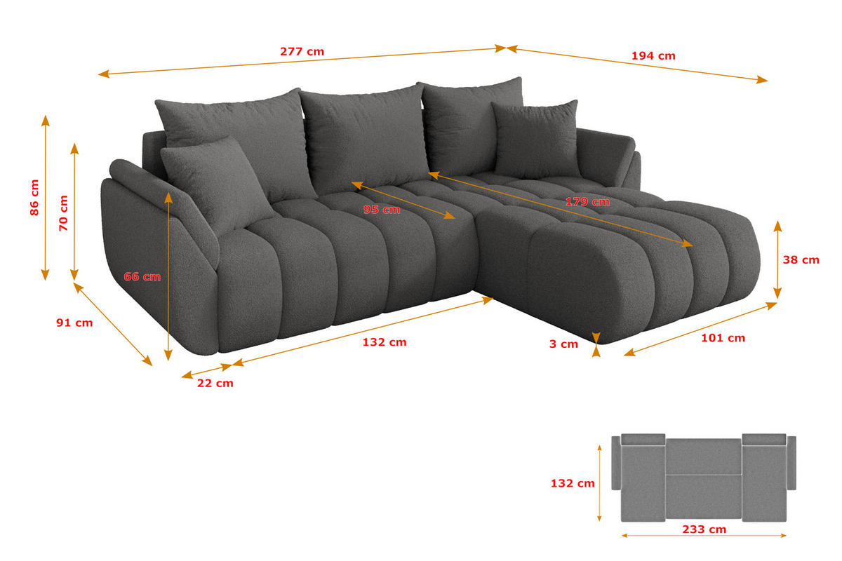 ROHOVÁ SEDAČKA s funkcí spaní, otoman vpravo TOKO-L-v1 277x194x86 šedá bouclé - šedá/černá, kompozitní dřevo/textil (277/194cm) - ALTDECOR
