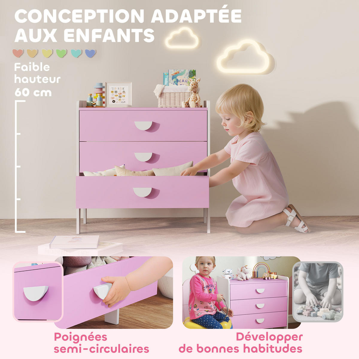 KINDERKOMMODE DE-17255 3 Schubladen Rosa - Pink, Holzwerkstoff (40/60/60cm) - ComfortXL