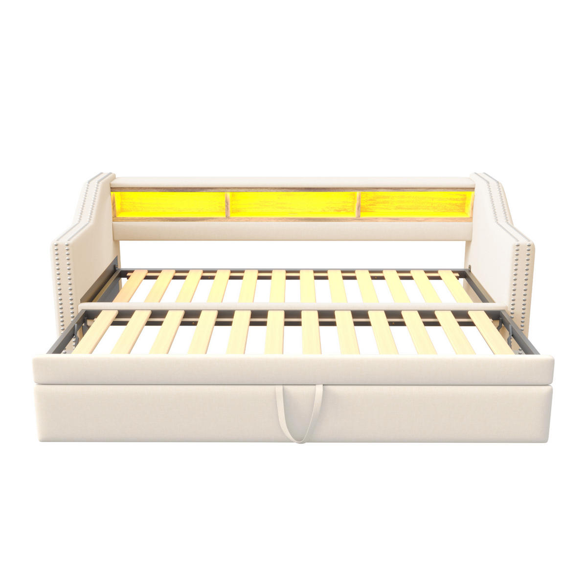 BETT aus Leinen 90/180x190 cm Beige mit Ausziehbett, LED-Beleuchtung, USB-Anschluss und Ablagefächern - Beige, Textil (140/200cm) - Modfu