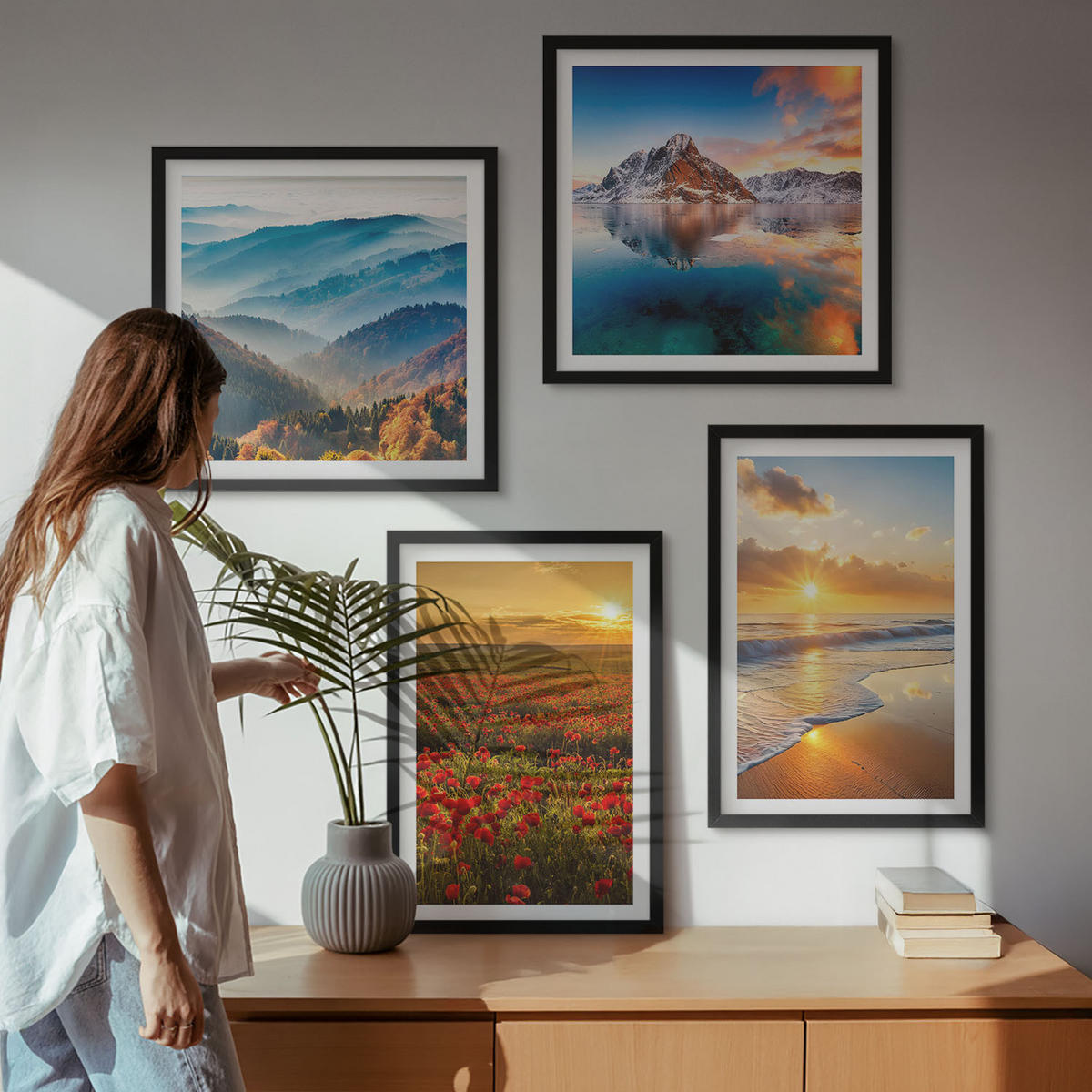 BILDER SET 4er Set - 50x50 cm & 40x60 cm Schwarzer Rahmen - Landschaften aus Bergen und Meeren im Westen - Schwarz, Kunststoff (50/50cm) - TULUP