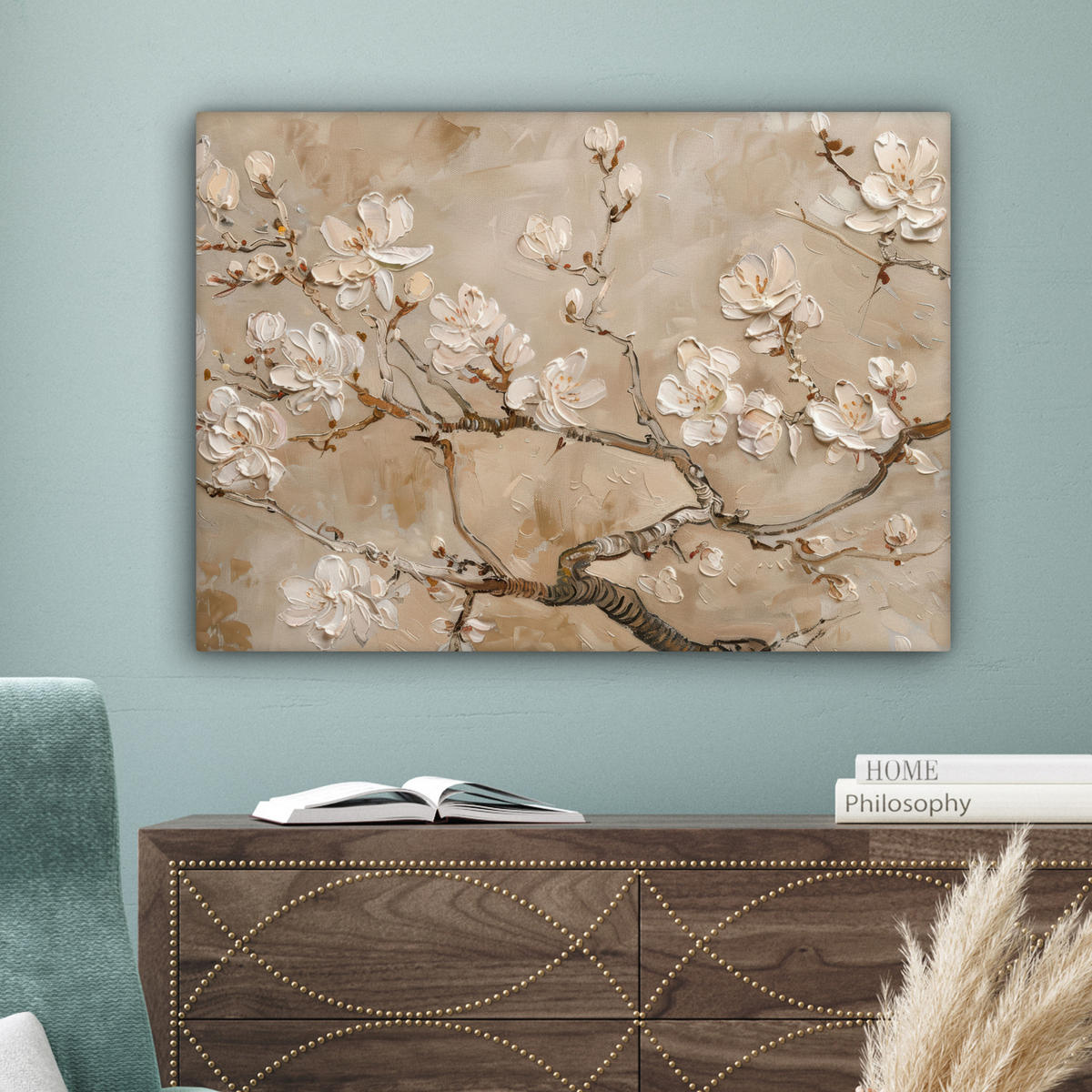 LEINWANDBILD - Blumen - Modern - Beige - Weiß - Blüte - 80x60 - Malerei - Beige, Textil (80/60cm) - MuchoWow
