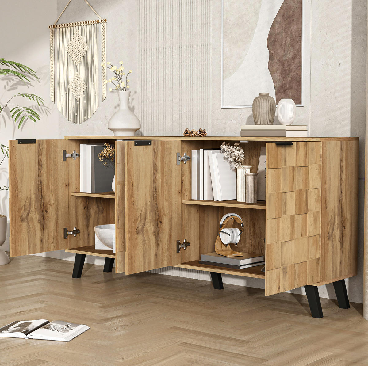 SIDEBOARD mit 4 Türen, Holzoptik mit geometrischem Muster und schwarzen Beinen, 160,5/35,5/78 cm, Naturfarben - Naturfarben, Holzwerkstoff (160/78/35.5cm) - Redom