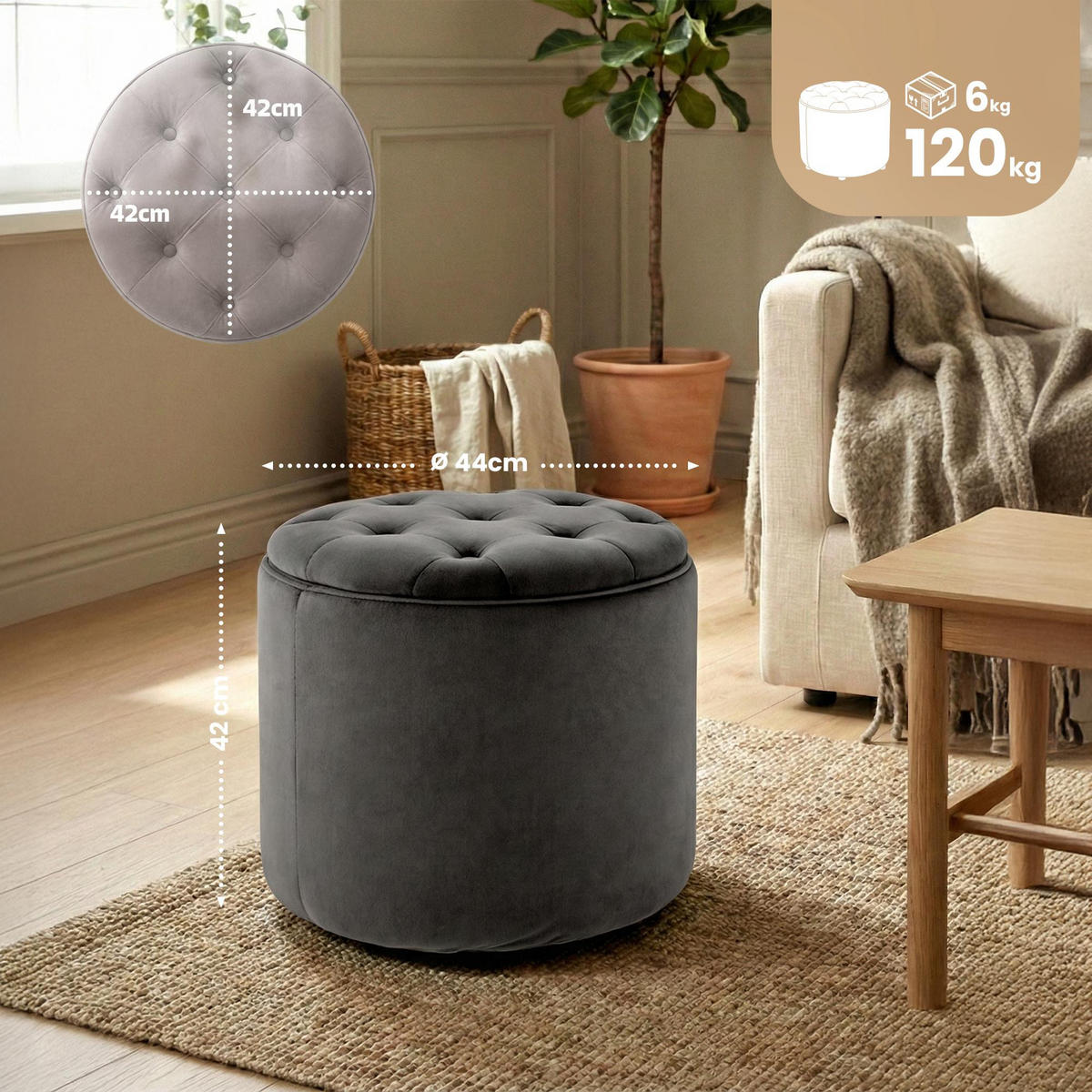 SITZWÜRFEL Samt Grau - Schwarz/Grau, Kunststoff/Textil (44/42/44cm) - CLP