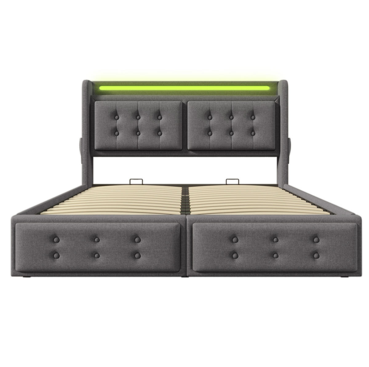 POLSTERBETT 160/200 cm mit LED-Kopfteil, Steckdose, USB-C und Bettkasten aus Baumwoll-Leinenstoff, Grau - Grau, Textil (160/200cm) - Redom