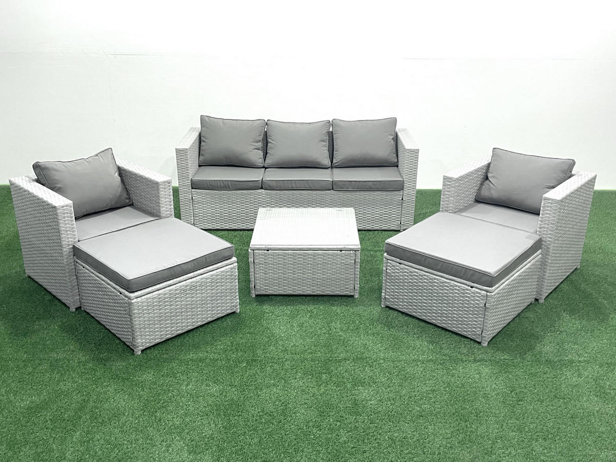GARTENMÖBEL-SET mit Kissen Polyrattan Hellgrau-Mix 7-Sitzer - Hellgrau/Grau, Glas/Kunststoff - Fimous