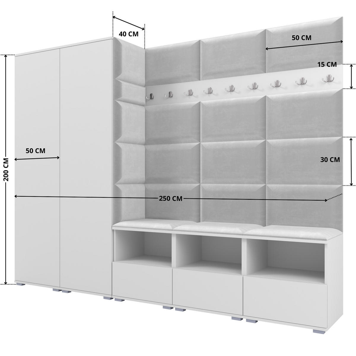 GARDEROBE NELA VII 250 cm (Modulare Flurmöbel XL Weiß mit Sitzpolster Hellgrau 32 2 Schränke) - Silberfarben/Hellgrau, Holz/Holzwerkstoff (250/187/40cm) - Ravio