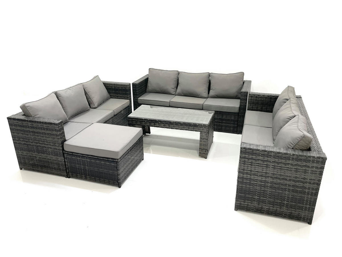 GARTENMÖBEL COUCHTISCH SET mit Sofa Polyrattan Outdoor 10-Sitzer - Dunkelgrau/Grau, Glas/Kunststoff - Fimous