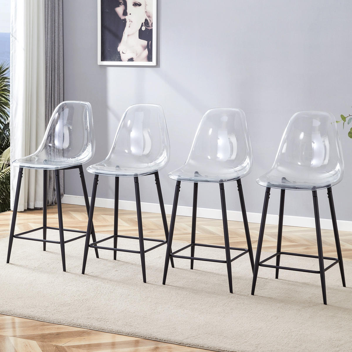 BARHOCKER 4er-Set Schwarz mit transparenter Acryl-Sitzschale und Metallgestell - Schwarz, Kunststoff (51/102/45cm) - PANGIVO