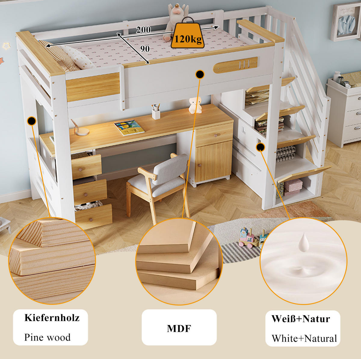 HOCHBETT Massivholz/MDF 90x200 cm Weiß/Natur mit Schreibtisch, Schubladen und Stauraumtreppe - Weiß, Holz (90/200cm) - Modfu