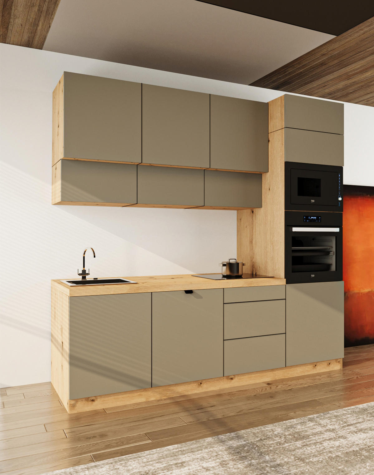 KÜCHENZEILE 240 cm - Langen KL27-M240 - in Beige/Matt - Beige, Holz (240/248/58cm)