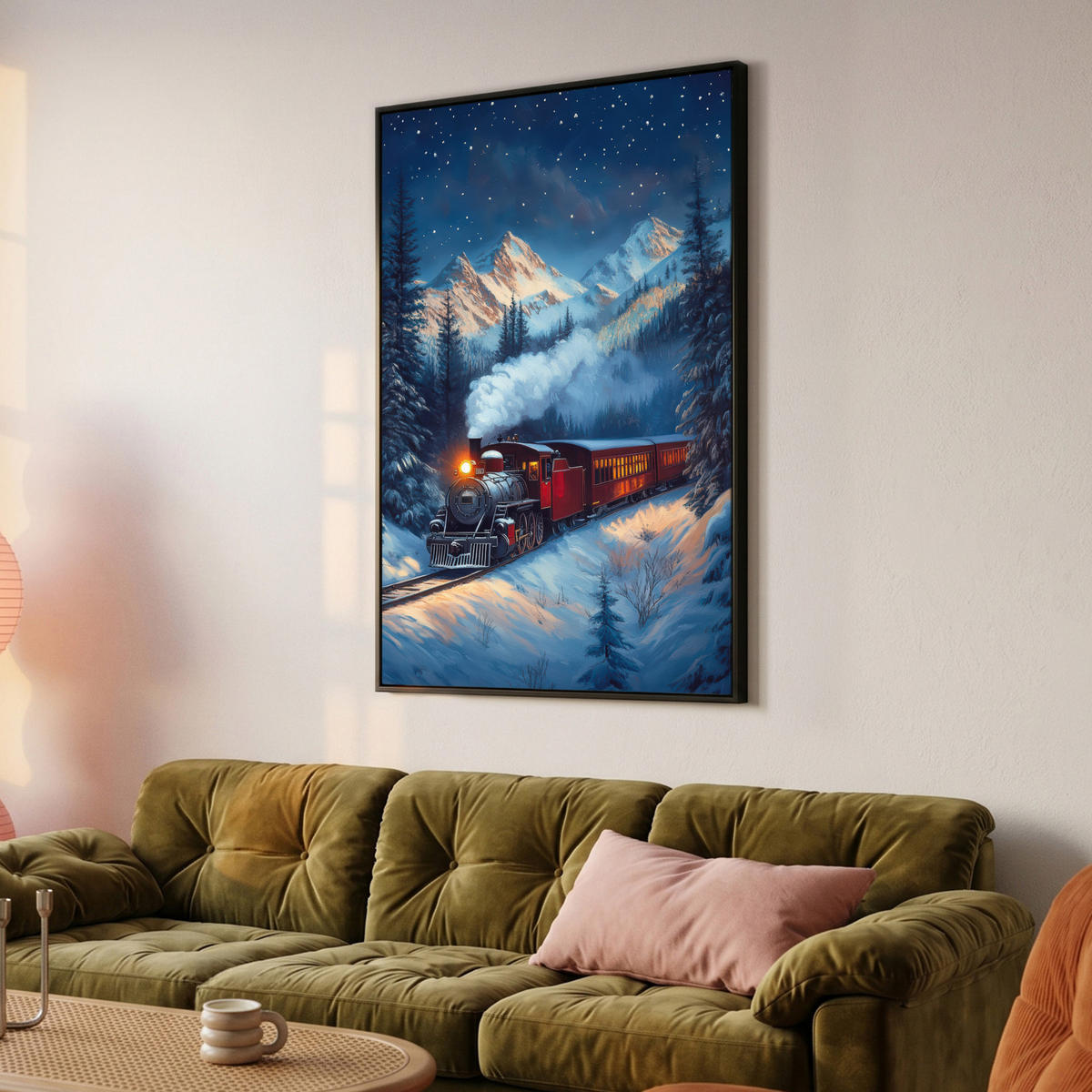 LEINWAND Bilder mit Rahmen - Zug - Weihnachten - Schnee - Weihnachtszug - 80x120 - Anthrazit, Textil (80/120cm) - MuchoWow