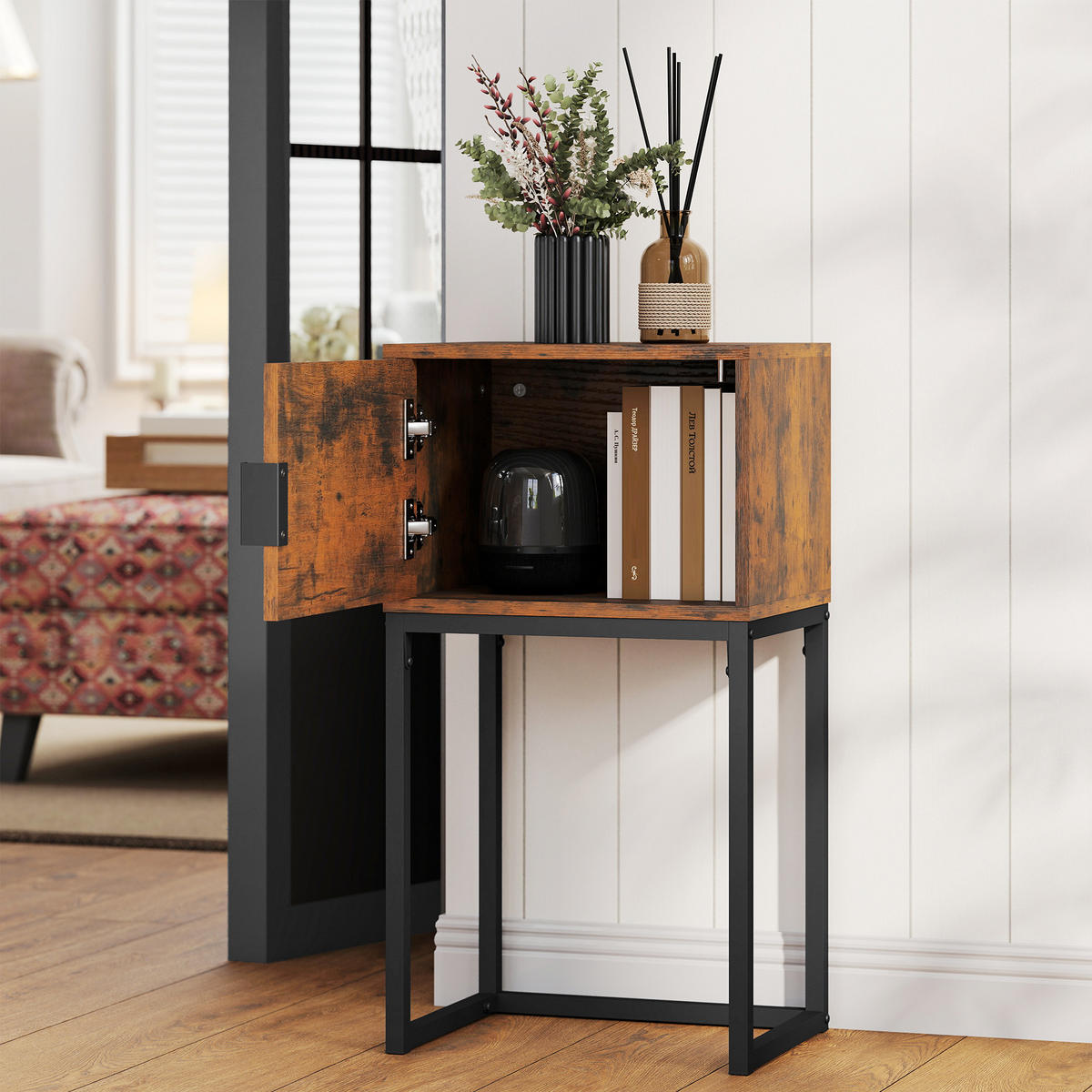 KONSOLENTISCH Flurtisch mit Schrank 40 x 30 x 76 cm Beistelltisch Sofatisch - Schwarz/Braun, Metall (40/30/76cm) - HOMCOM
