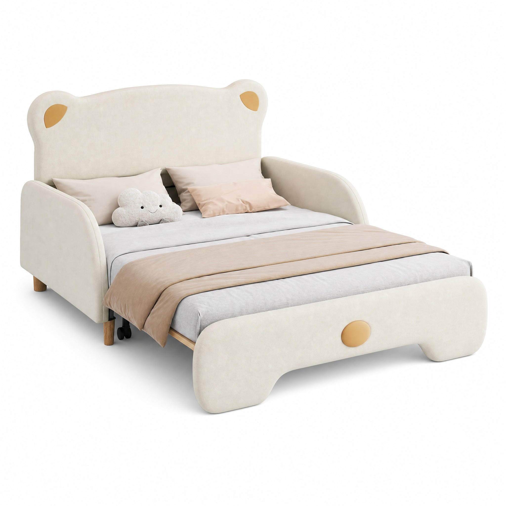 BETT in Bärenform mit Ausziehbett 140x200 cm Samt Beige - Beige, Holz (140/200cm) - Meubliv