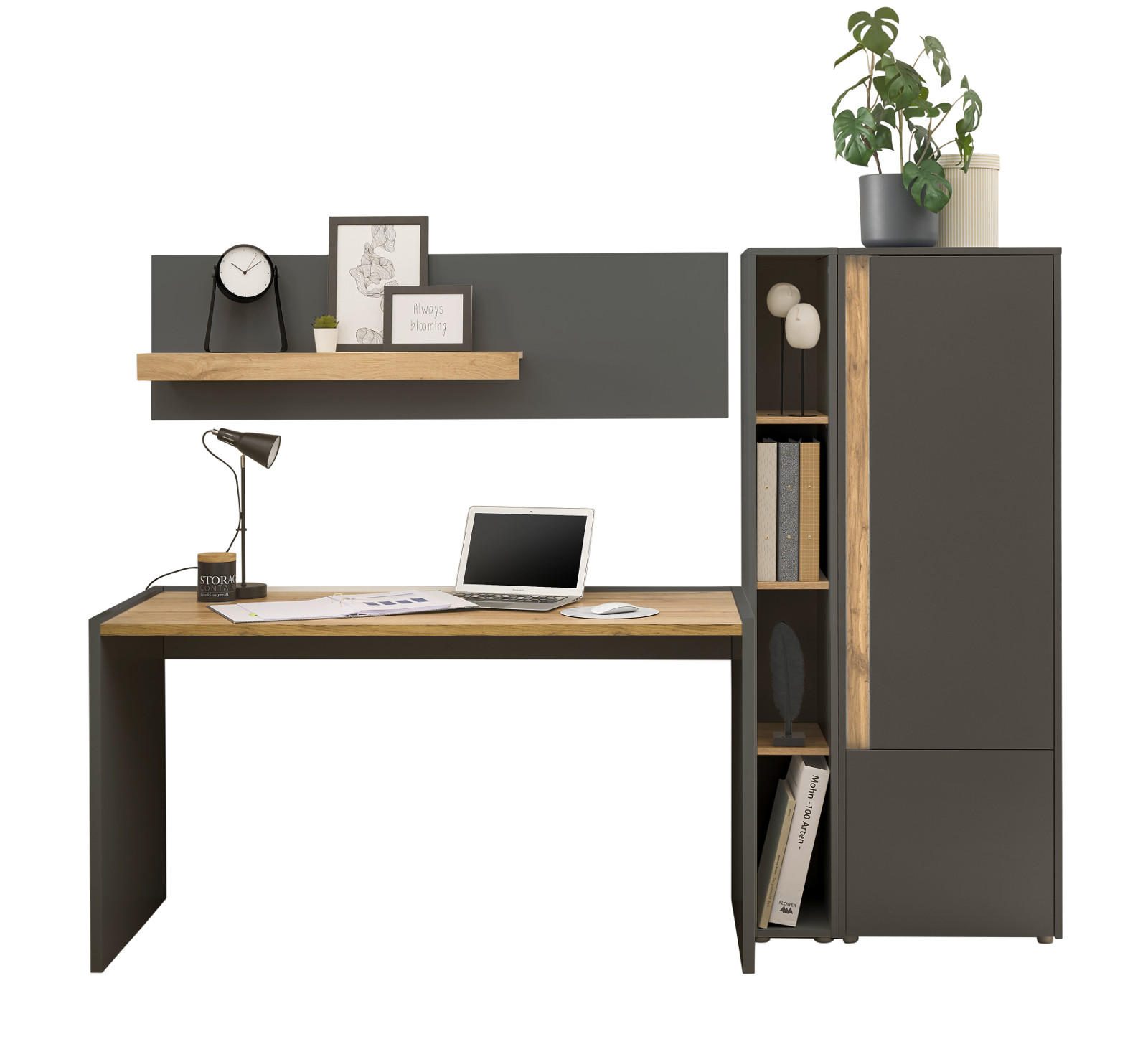 SCHREIBTISCHKOMBINATION 4-teilig grau matt, Eiche Wotan 213 cm, Büromöbel Set mit viel Stauraum - Eichefarben/Eiche Wotan, Holz/Holzwerkstoff (62/213/155cm) - Furn.Design