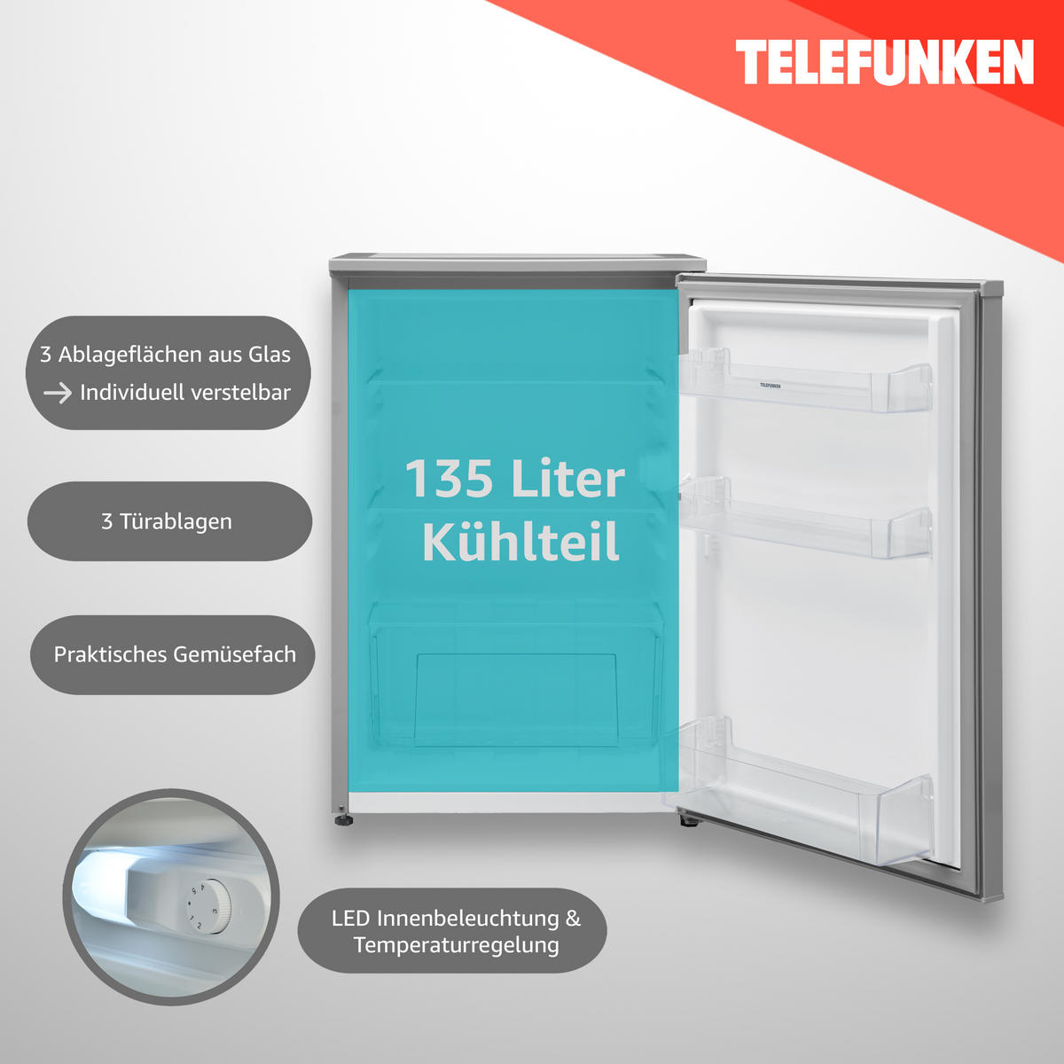 KÜHLSCHRANK ohne Gefrierfach, klein und freistehend, 135 Liter, mit Gemüsefach - Silberfarben, Glas/Kunststoff (54/83.8/59.5cm) - Telefunken