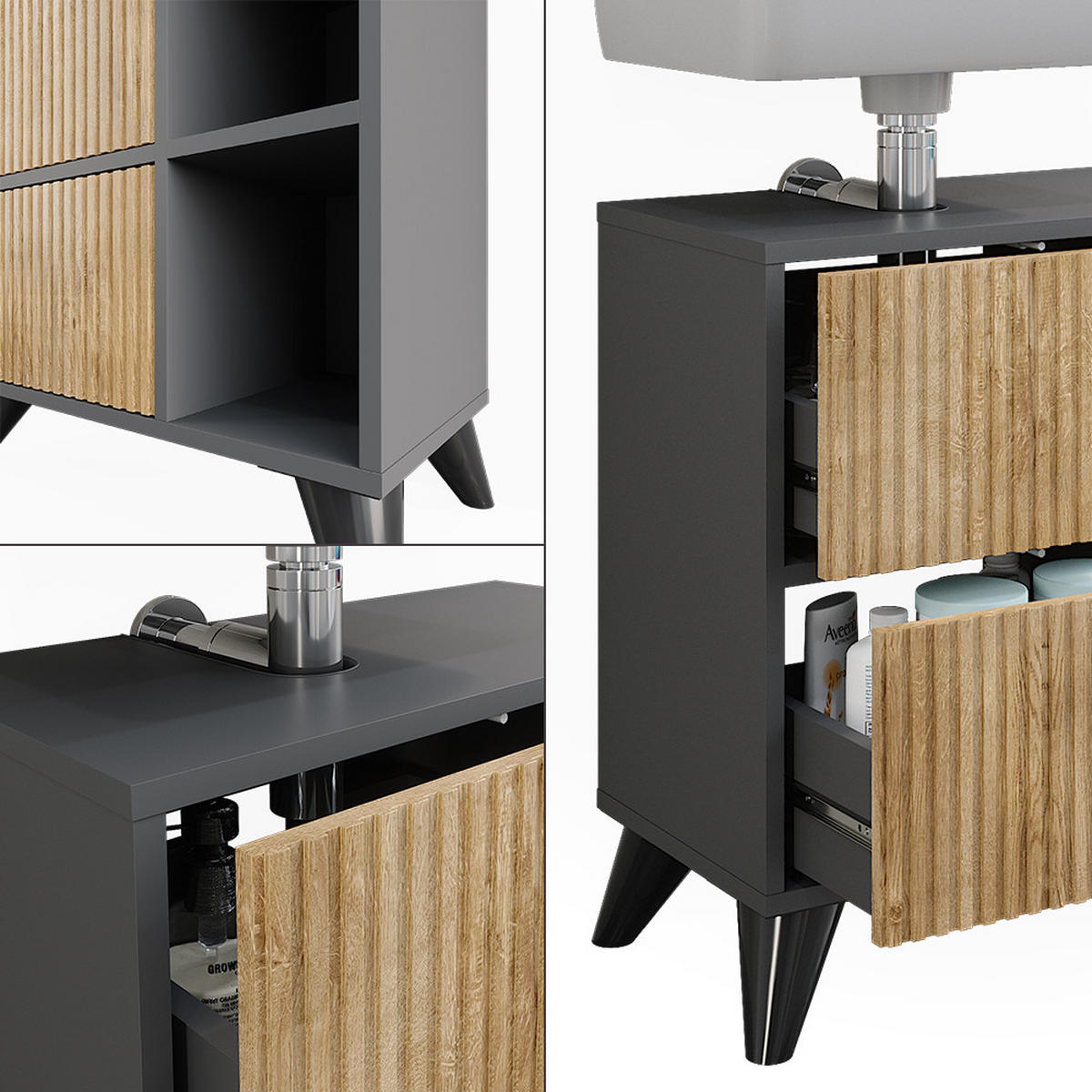 WASCHBECKENUNTERSCHRANK Leano Anthrazit/Bergeiche 60 x 62 cm mit 2 Schubladen - Anthrazit, Holzwerkstoff (60/62/30cm) - Vicco