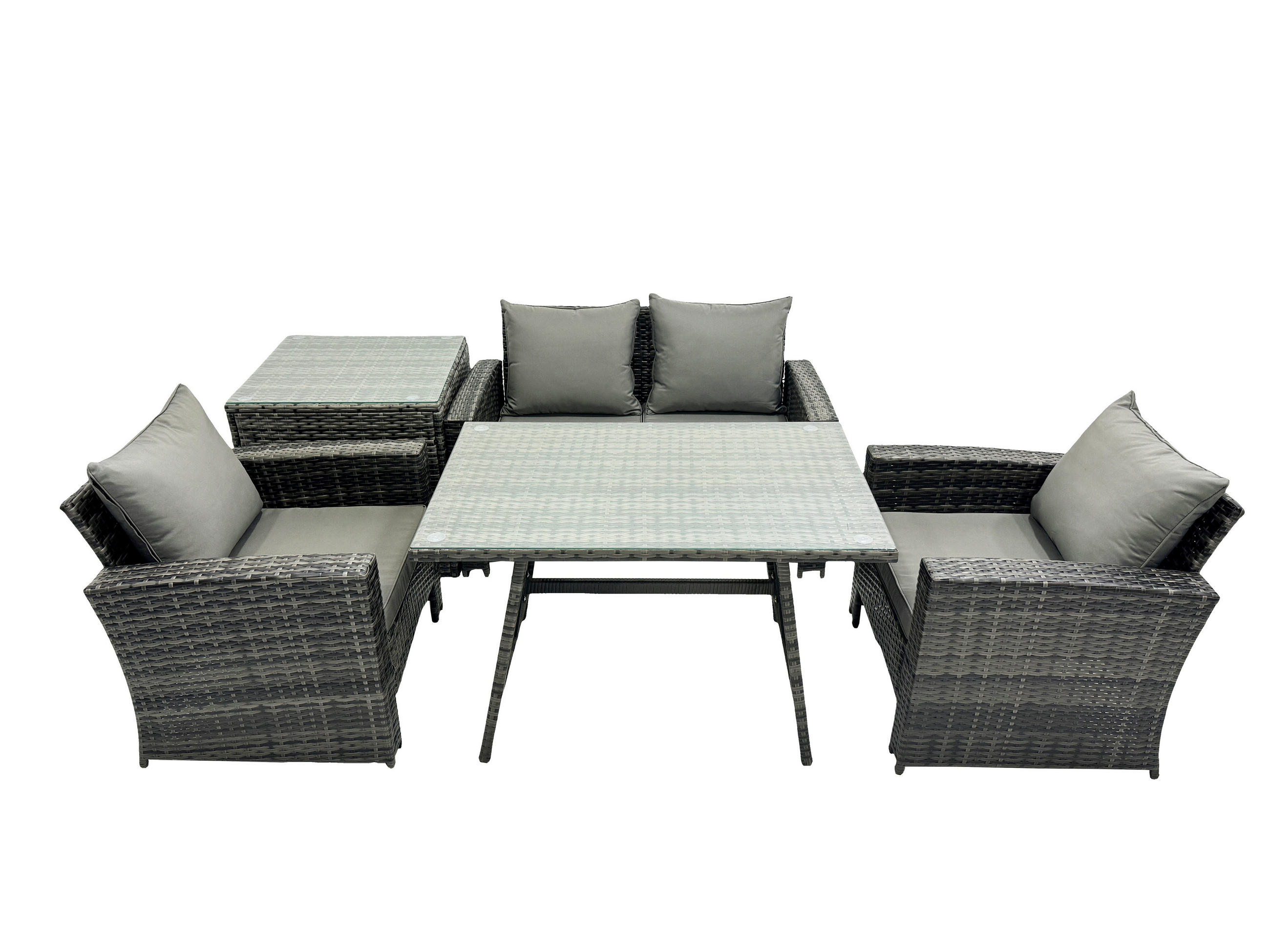 GARTENMÖBELSET mit ESSTISCH,HOCHLEHNER-SOFA Polyrattan Dunkelgrauer Mix 4-Sitzer - Dunkelgrau/Grau, Glas/Kunststoff - Fimous