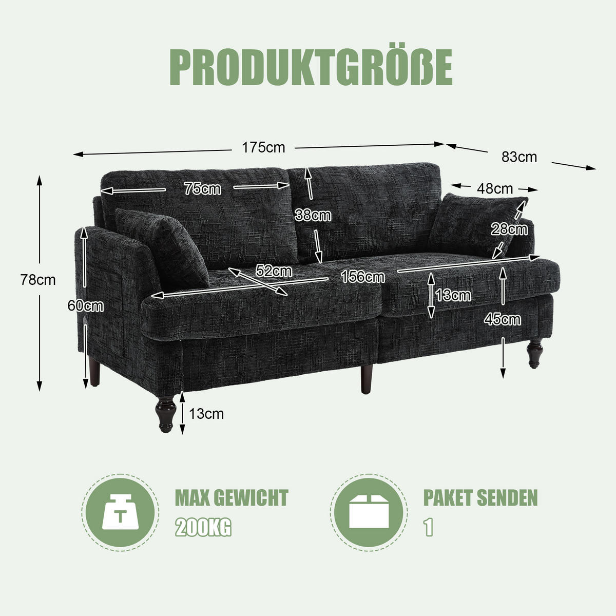 2-SITZER Sofa Chenille mit USB-Anschluss und LED-Beleuchtung 175/83/78 cm Schwarz - Schwarz, Textil (175/78/83cm) - Redom