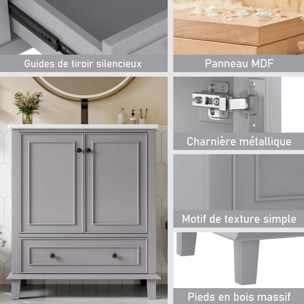 WASCHTISCHKOMBI 76/46/87 cm Grau aus Keramik und MDF mit Stauraum - Grau, Holzwerkstoff (76/87/46cm) - OKMYHOME
