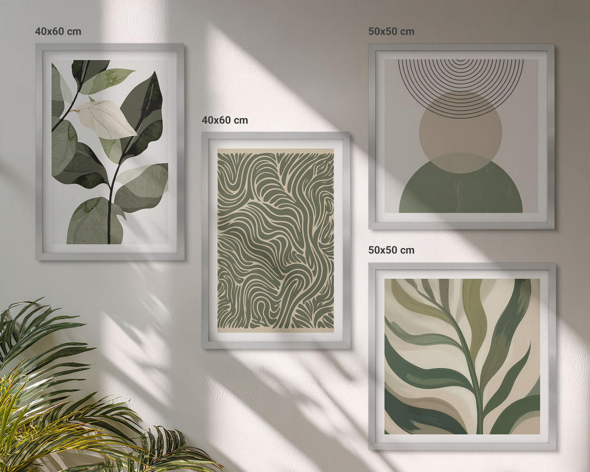 BILDER SET 4er Set - 50x50 cm & 40x60 cm Silberner Rahmen - Blätter geometrische Formen abstrakt - Silberfarben, Kunststoff (50/50cm) - TULUP