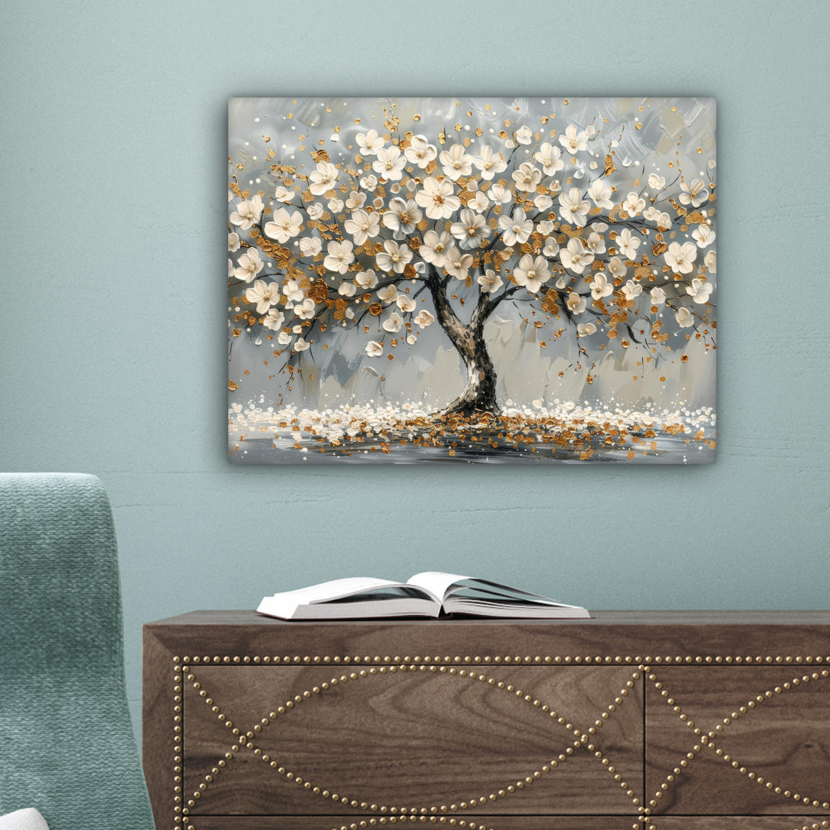 LEINWANDBILD Baum - Blumen - Weiß - Natur - Kunst Wandbild 40x30 cm - Weiß, Textil (40/30cm) - MuchoWow