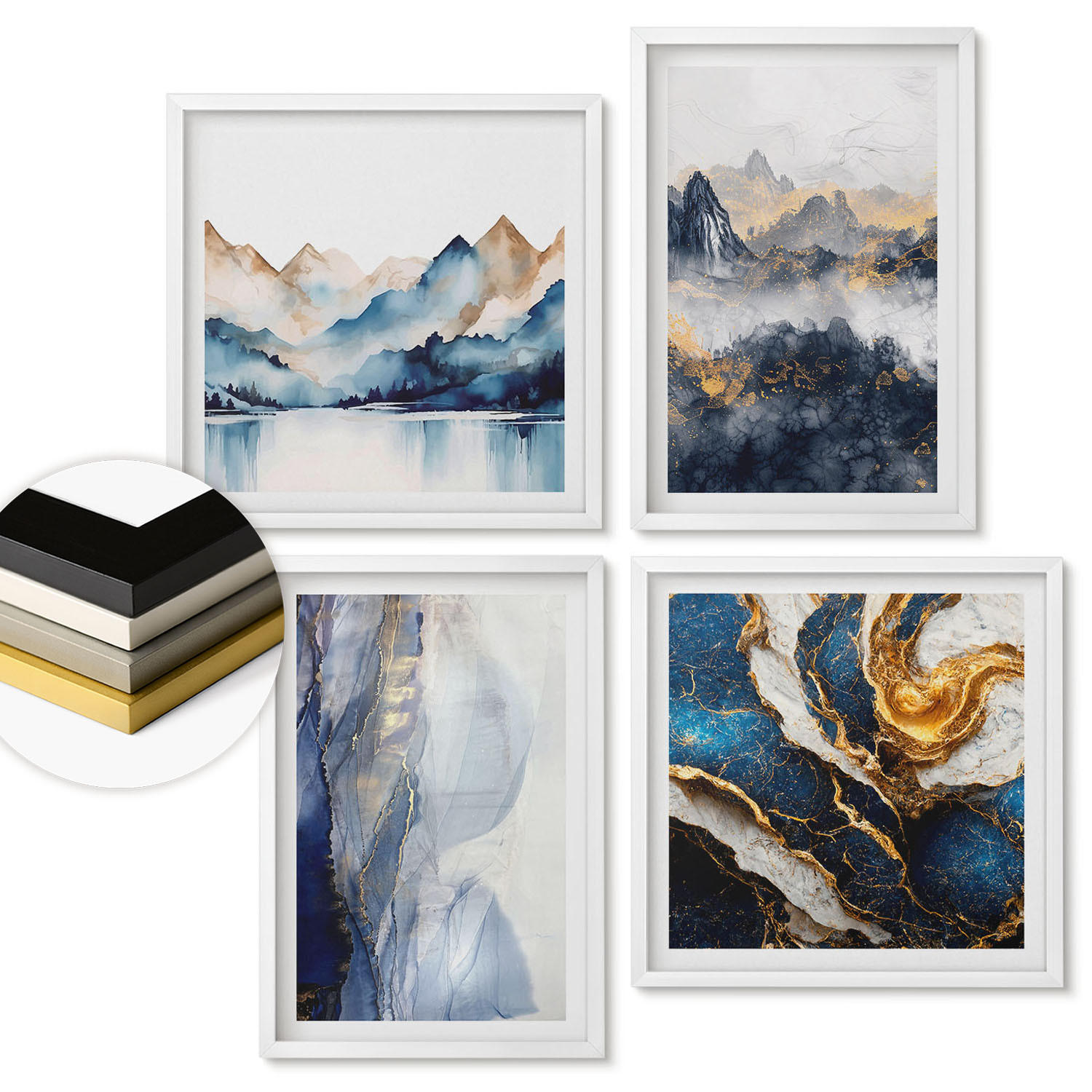 WANDBILDER 4er-Set - 50x50 cm & 40x60 cm Weißer Rahmen - Blaue Berglandschaften - Weiß, Kunststoff (50/50cm) - ArtPrintCave