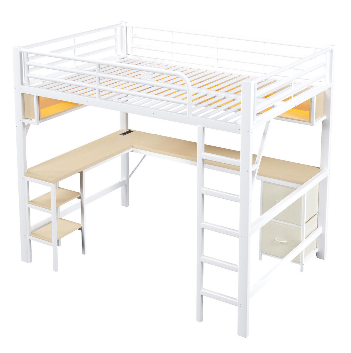 HOCHBETT aus Metall und MDF 140x200 cm Weiß mit Schreibtisch, Regal, Schrank, USB und LED-Beleuchtung - Weiß, Holzwerkstoff (140/200cm) - Modfu