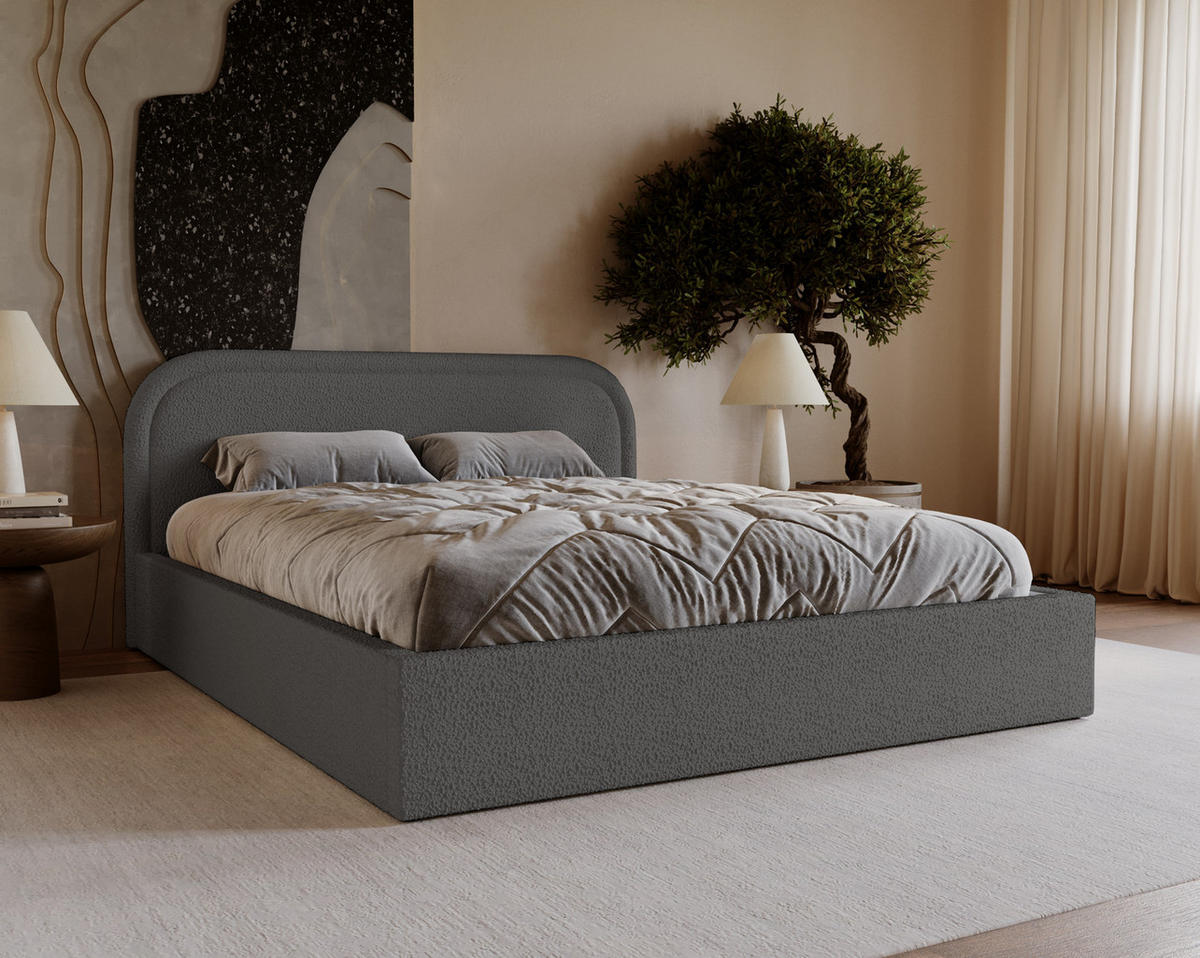 DOPPELBETT 200x200 Dune mit Bettkasten, runde Kopfteil, Bouclé, Dunkelgrau - Dunkelgrau, Holz/Textil (200/200cm) - Emporius