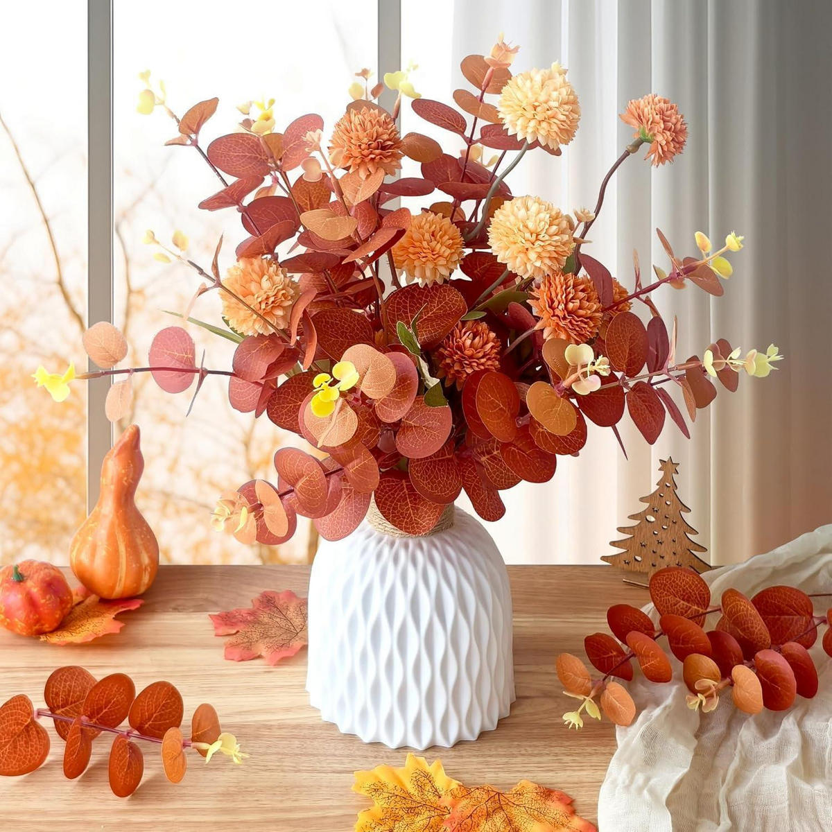 KUNSTZWEIGE Eukalyptus 30 Stück 31cm Herbstfarben - Orange, Textil (32cm)