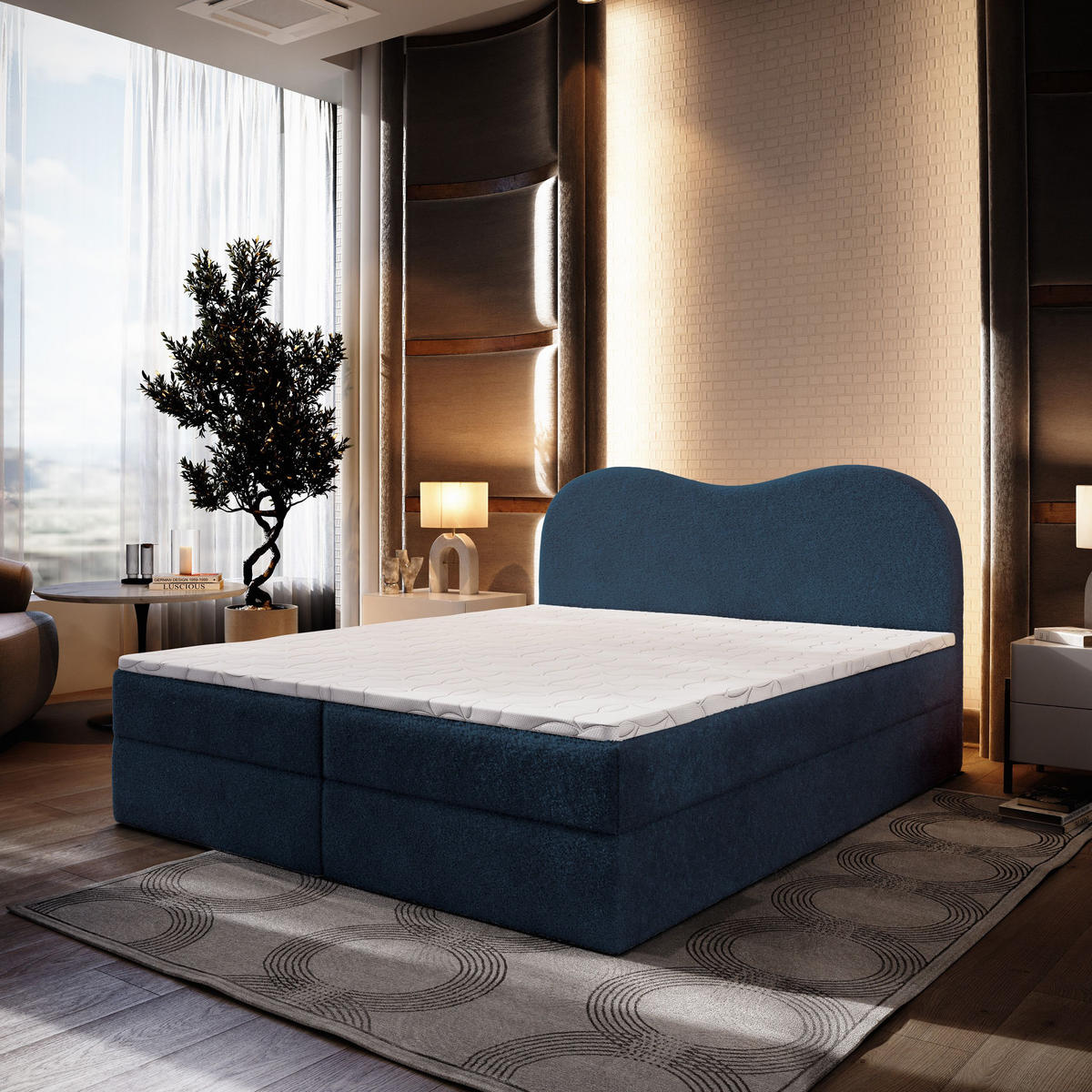 BOXBETT FLUVIA N 180x200 cm mit Matratze und Topper - Blau - Blau, Holz (180/200cm) - MASSENO