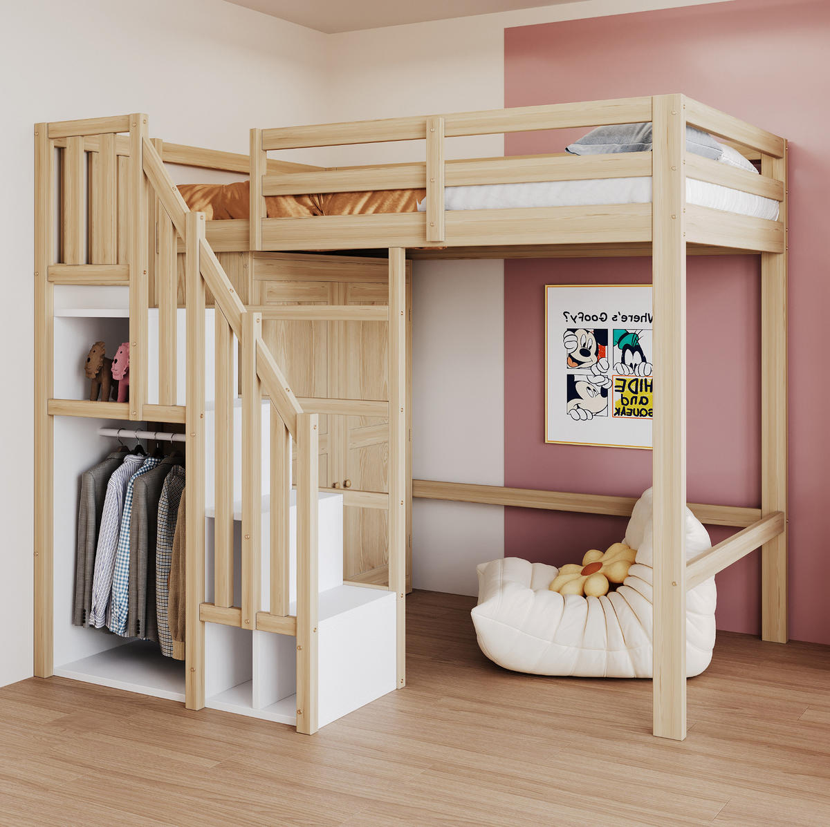 HOCHBETT 90/200 cm mit Kleiderschrank, Stauraumtreppe und offener Ablage aus Holzwerkstoff, Natur - Naturfarben, Holzwerkstoff (90/200cm) - Redom
