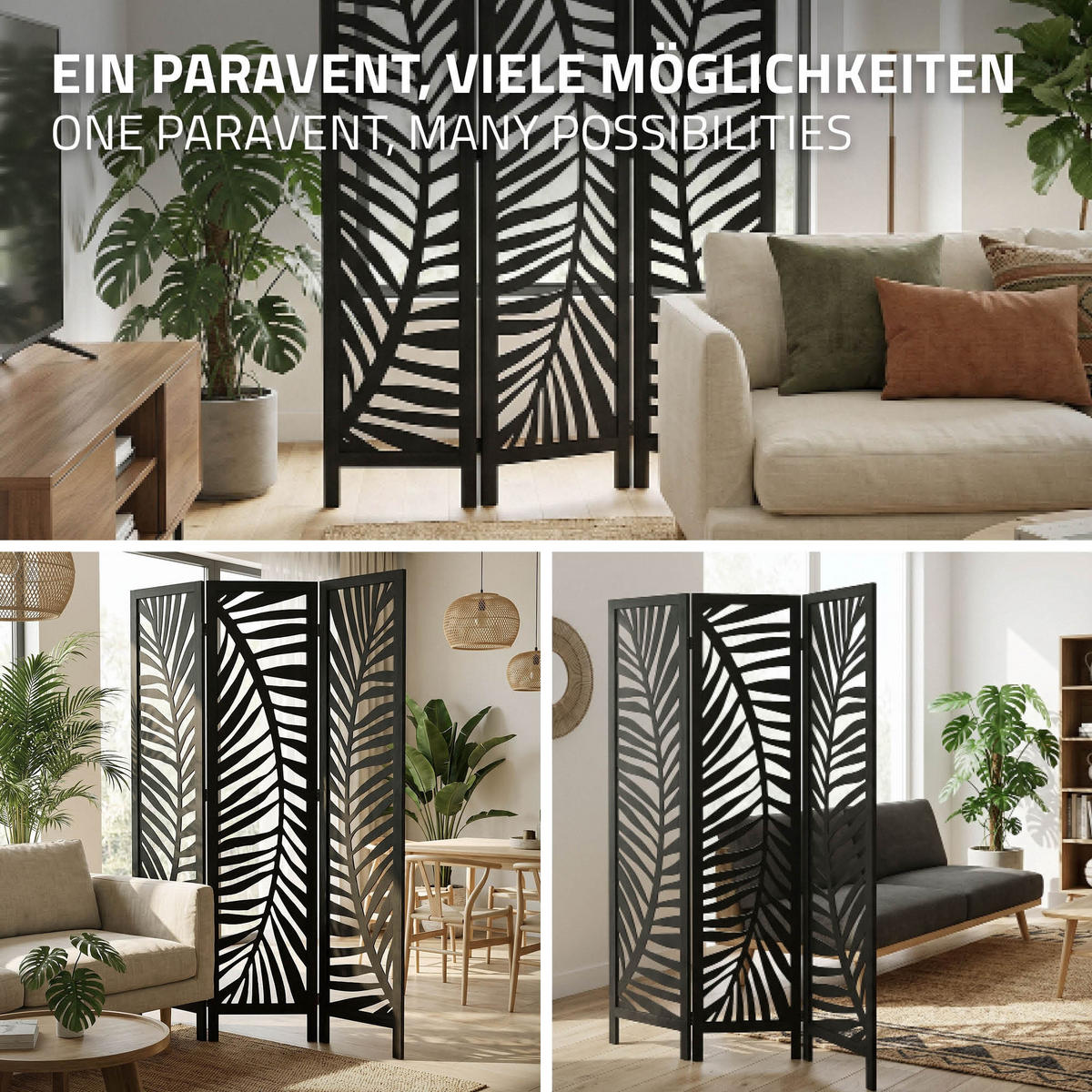 PARAVÁN, 3dílný, Fukuoka, 170 × 121 cm, černý, ze dřeva - černá, dřevo (121/170/2cm) - ML-DESIGN