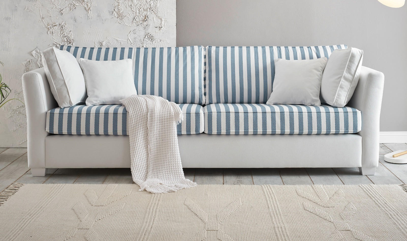 SOFA 3-Sitzer creme blau gestreift, Landhaus 240 cm, Couch inklusive Kissen - Blau/Creme, Holz/Textil (240/88/96cm) - Furn.Design