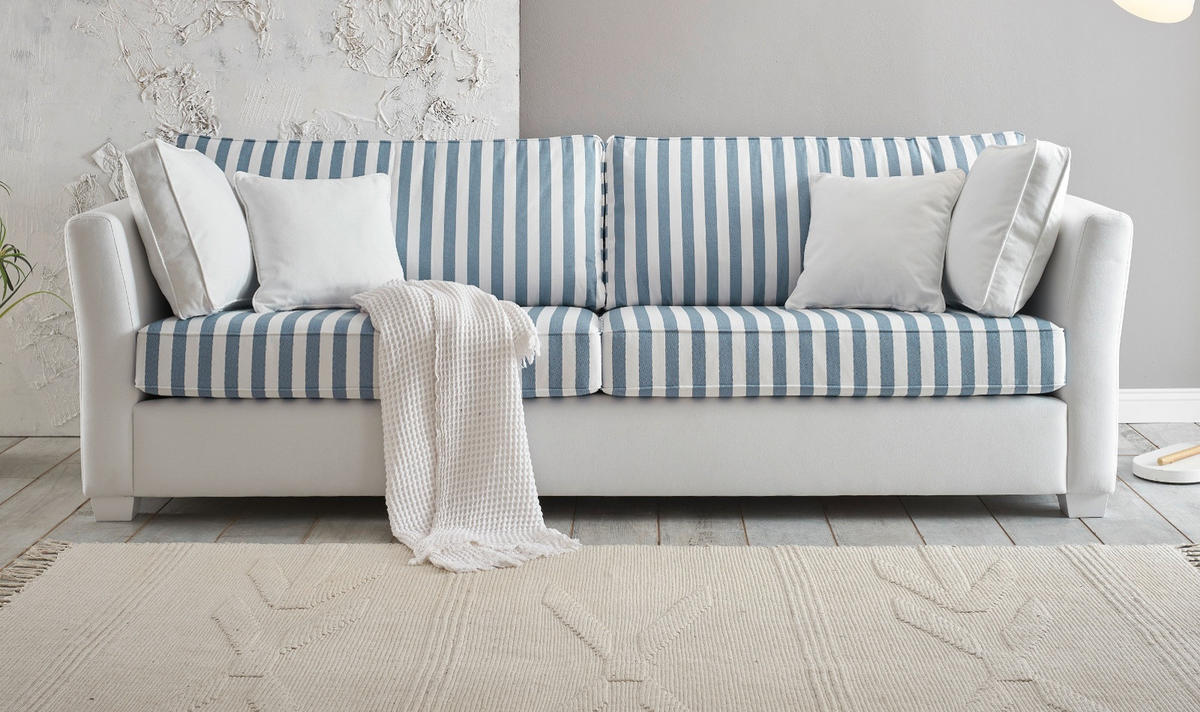 SOFA 3-Sitzer creme blau gestreift, Landhaus 240 cm, Couch inklusive Kissen - Blau/Creme, Holz/Textil (240/88/96cm) - Furn.Design