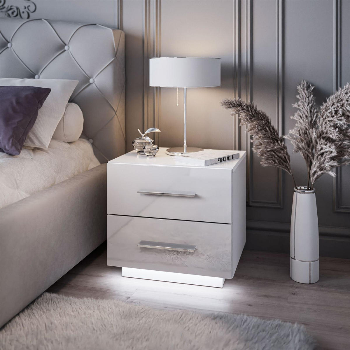 NACHTTISCH LINA LUX mit Hochglanzplatte, LED, Chromgriffe - Weiß, Holzwerkstoff (45/48/39cm) - Lookway