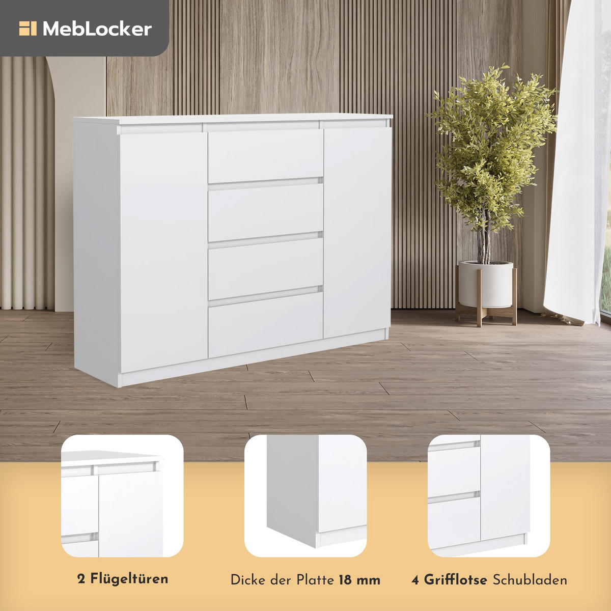 KOMMODE mit 4 Schubladen 2 Schranktüren 140 cm Weiß - Weiß, Holzwerkstoff (138.6/101.5/39cm) - MebLocker