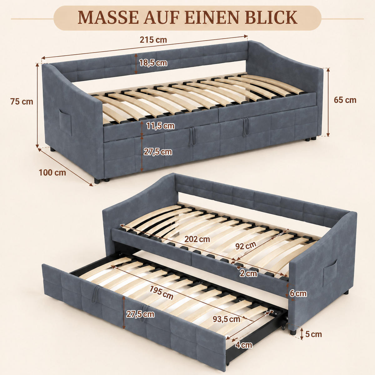 SCHLAFSOFA mit Ausziehfunktion und Stauraum, Polstersofa - Grau, Metall (193.5/75/215cm) - Joyfair