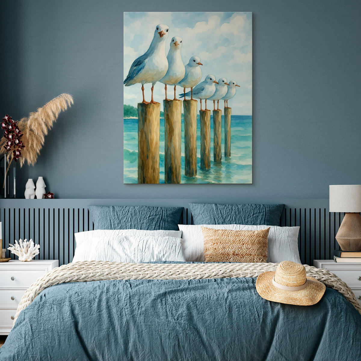 LEINWANDBILD Bemalte Möwen Meer 50/70cm - Blau/Beige, Textil (50/70cm) - Muralo