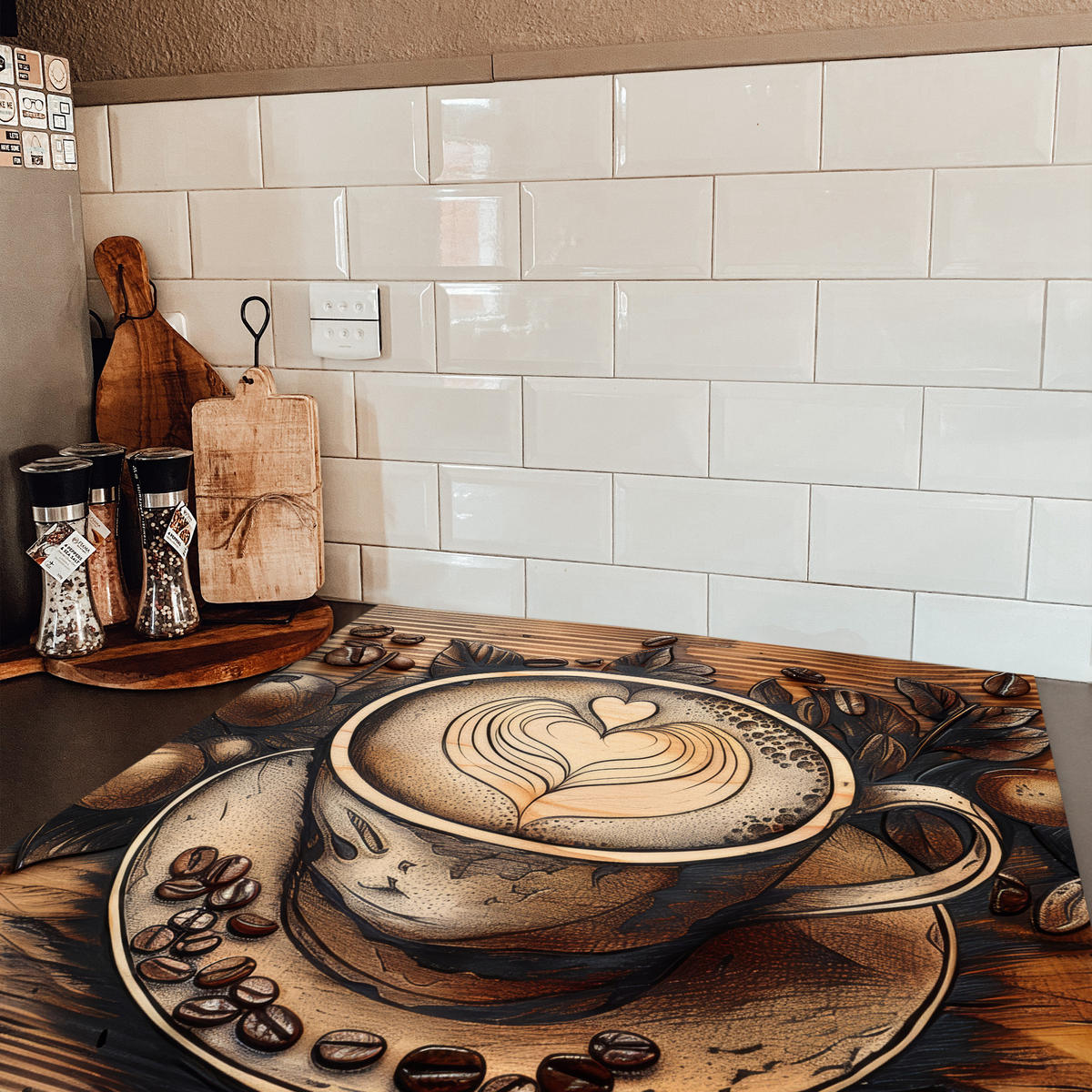 HERDABDECKPLATTE Kaffee - Vintage - Braun - Tasse - Holz 78x78 cm - Cappuccino, Kunststoff (78/0.2/78cm) - MuchoWow