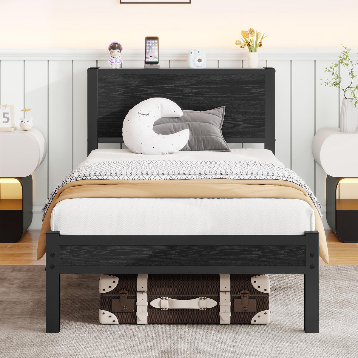 METALLBETT 90x200 cm Stauraum Kopfteil schwarz - Schwarz, Holzwerkstoff (90/200cm) - Fortuna Lai