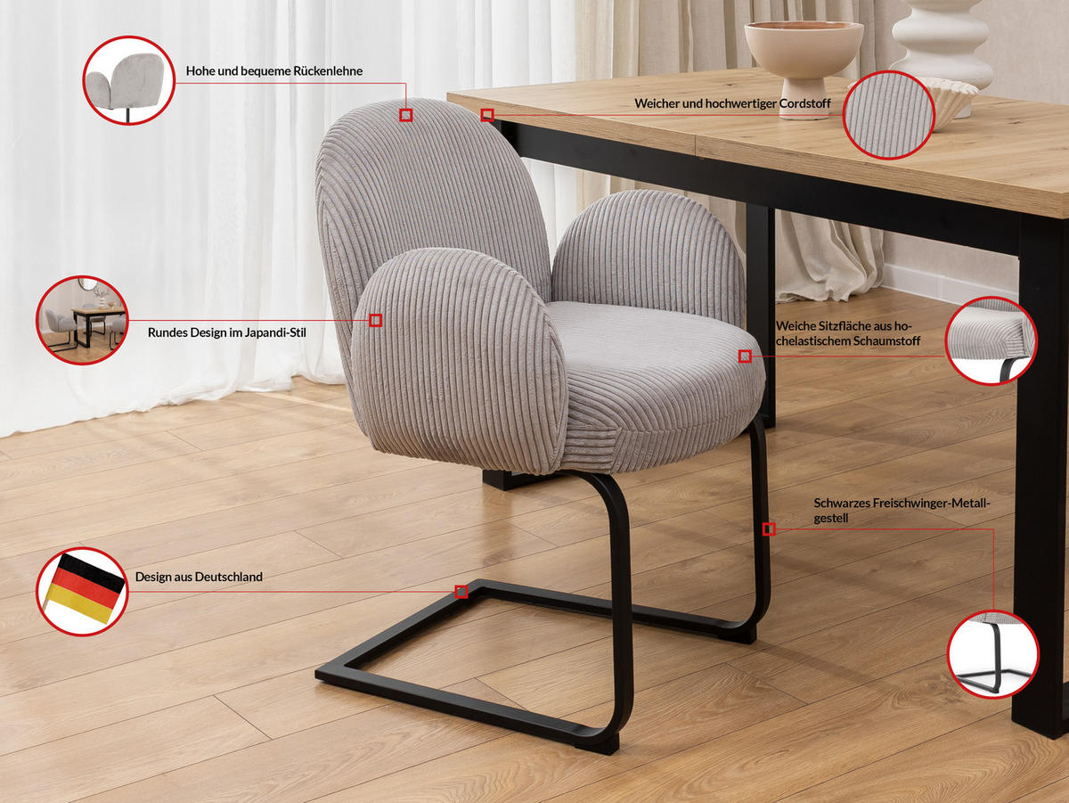 ARMLEHNSTUHL 2er Set Vela im runden Design aus grauem Cord - Schwarz/Grau, Holz/Textil (65/85/64cm) - S-Style Möbel