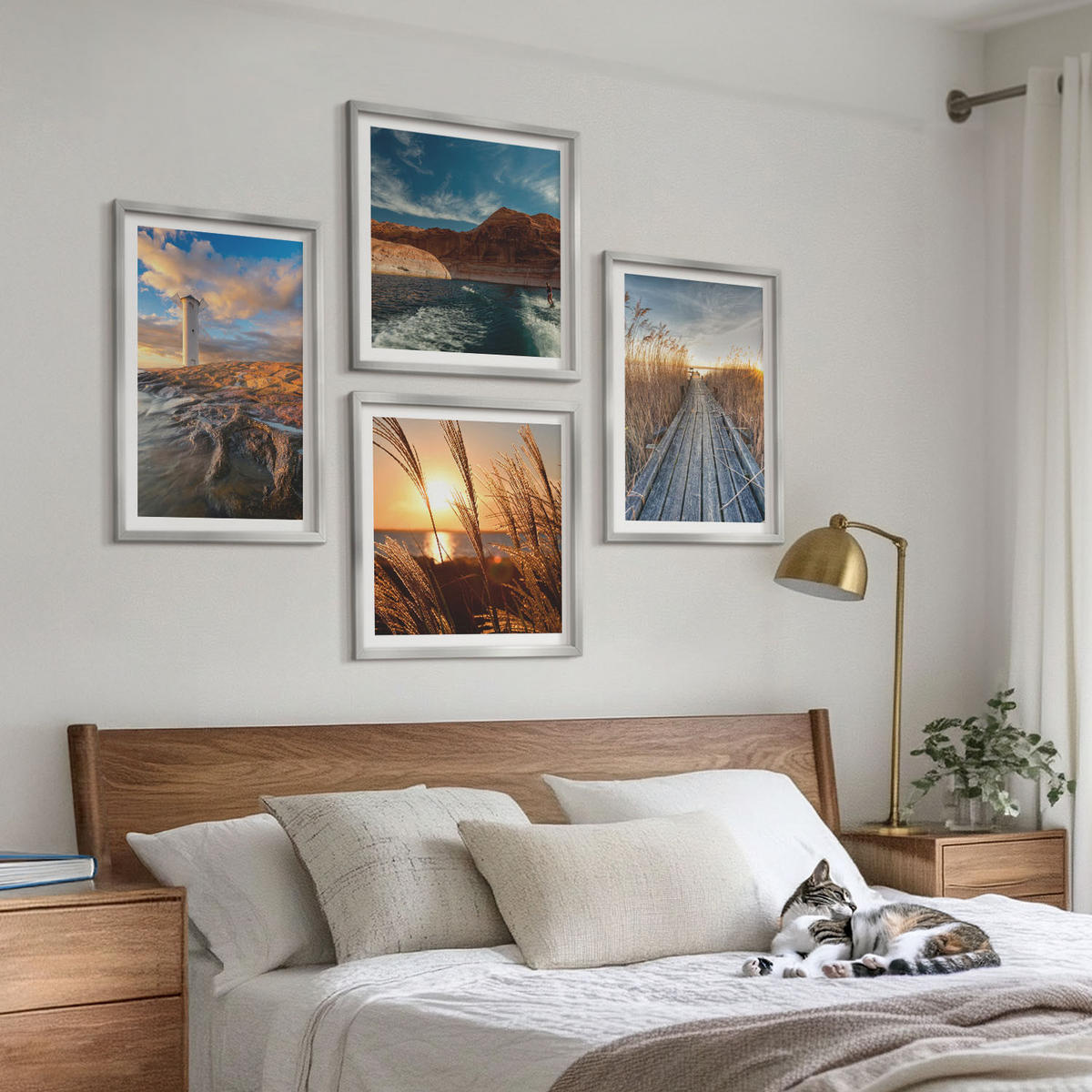 WANDBILDER 4er Set - 50x50 cm & 40x60 cm Silberner Rahmen - Leuchtturm-Grassteg - Silberfarben, Kunststoff (50/50cm) - ArtPrintCave