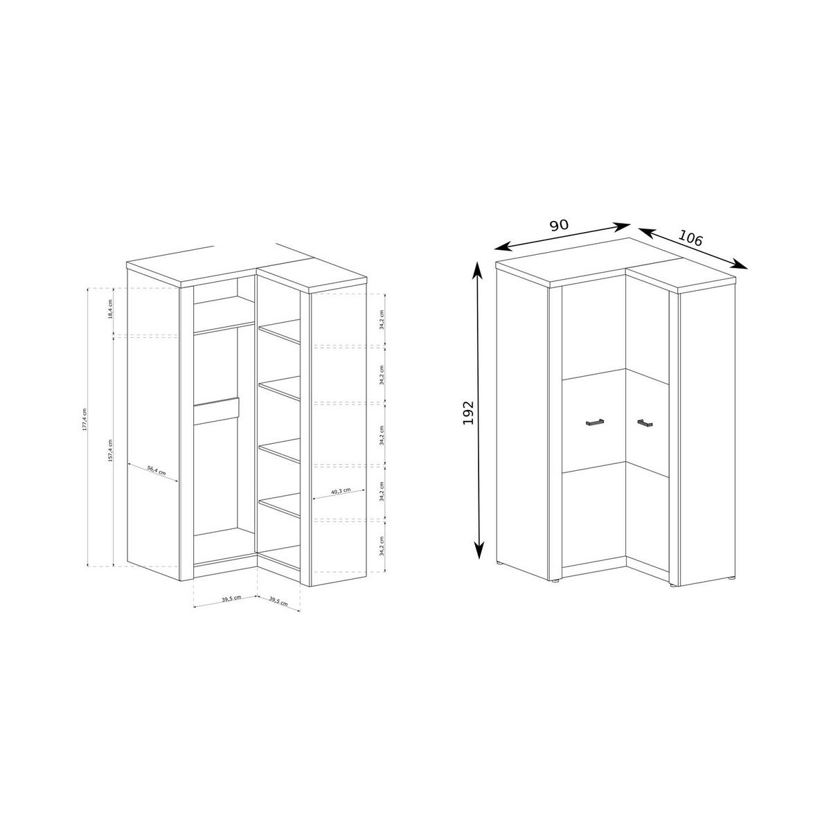 ECKKLEIDERSCHRANK Indianapolis I-14 Standardausführung 90 x 192 x 106 cm Esche dunkel - Dunkelbraun, Holzwerkstoff/Metall (90/192/106cm) - Koseto