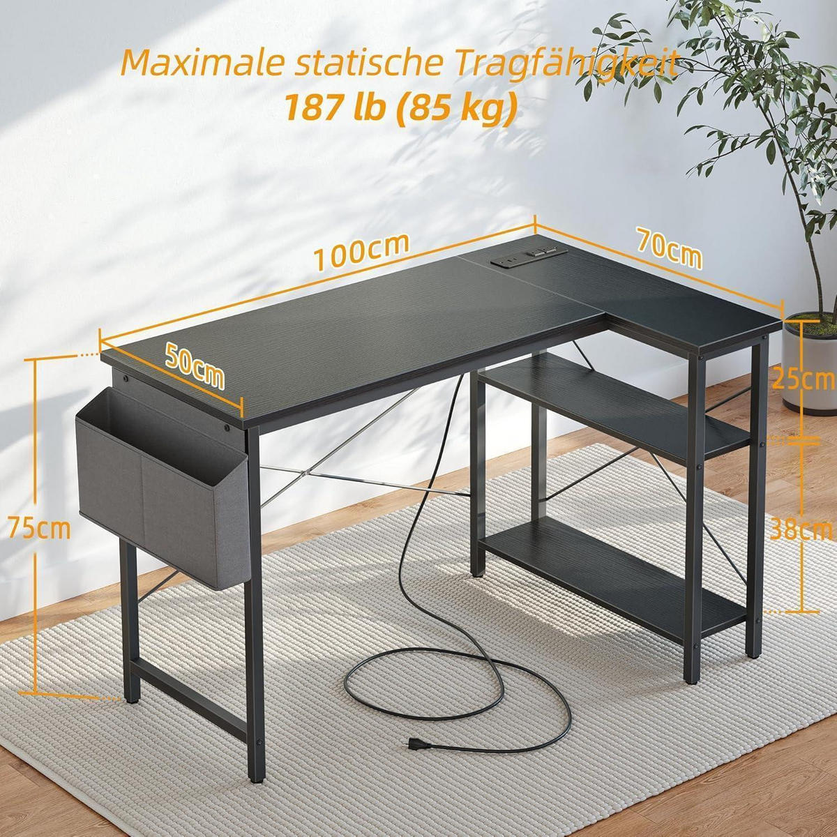 SCHREIBTISCH L-Form mit Steckdosen 100 x 70 cm Schwarz - Schwarz, Holzwerkstoff (100/70/75cm)