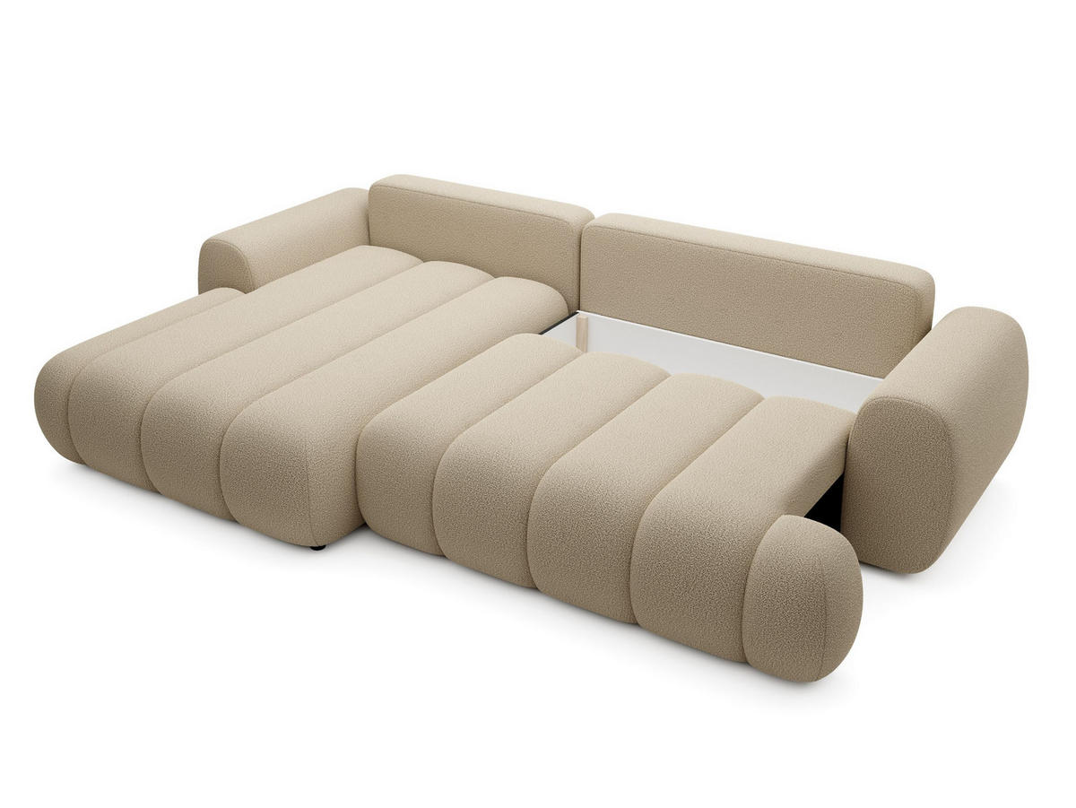 ECKSOFA SITO Creme Geflochtener Stoff mit Schlaffunktion - Creme, Holz (272/168cm) - MASSENO