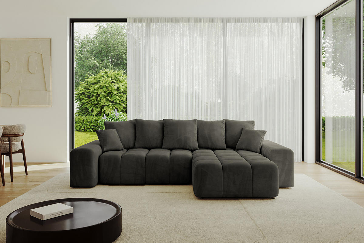 ECKSOFA Ottomane rechts ENIL-L 297x189x68 Schwarz Velours - Schwarz, Holzwerkstoff/Kunststoff (189/297cm) - ALTDECOR