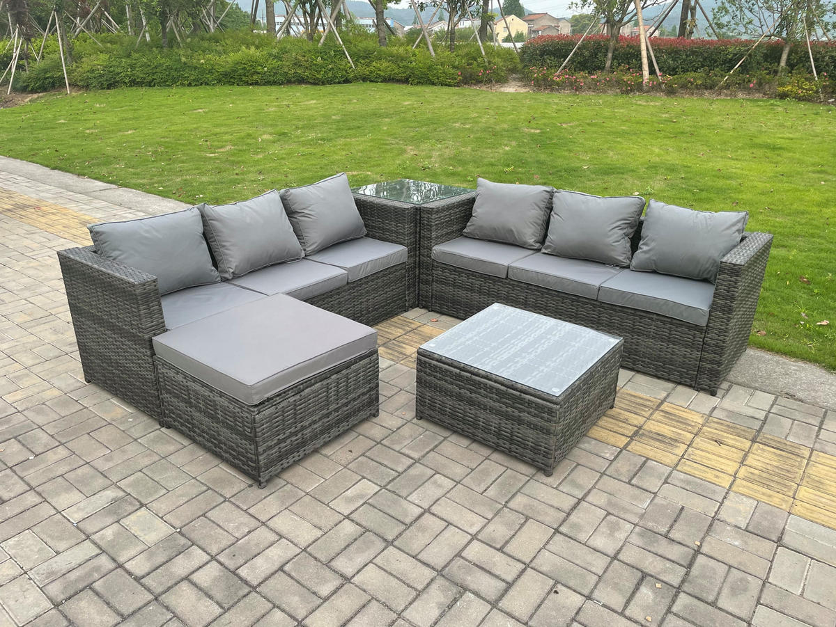 LOUNGESOFA Polyrattan 7-Sitzer - Dunkelgrau/Grau, Glas/Kunststoff - Fimous