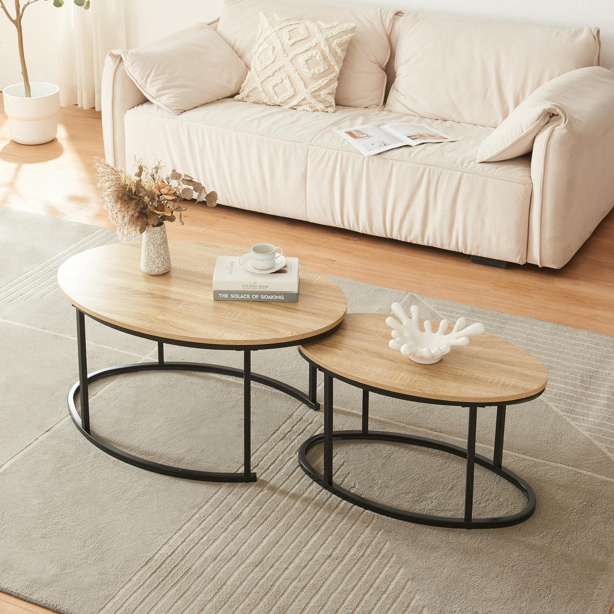 SATZTISCH-SET 2 TLG. Niederlande - Eichefarben/Schwarz, Holzwerkstoff/Metall (90/60/45cm) - [en.casa]